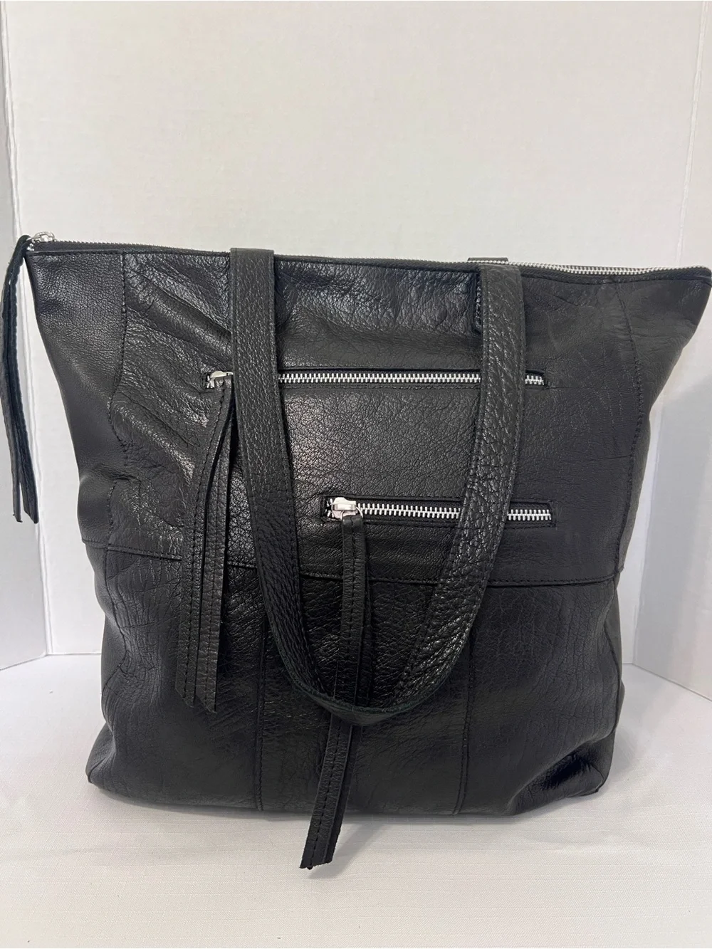 Day & Mood Anthropologie Heather Black Leather Moto Tote Bag Front Zip Pockets